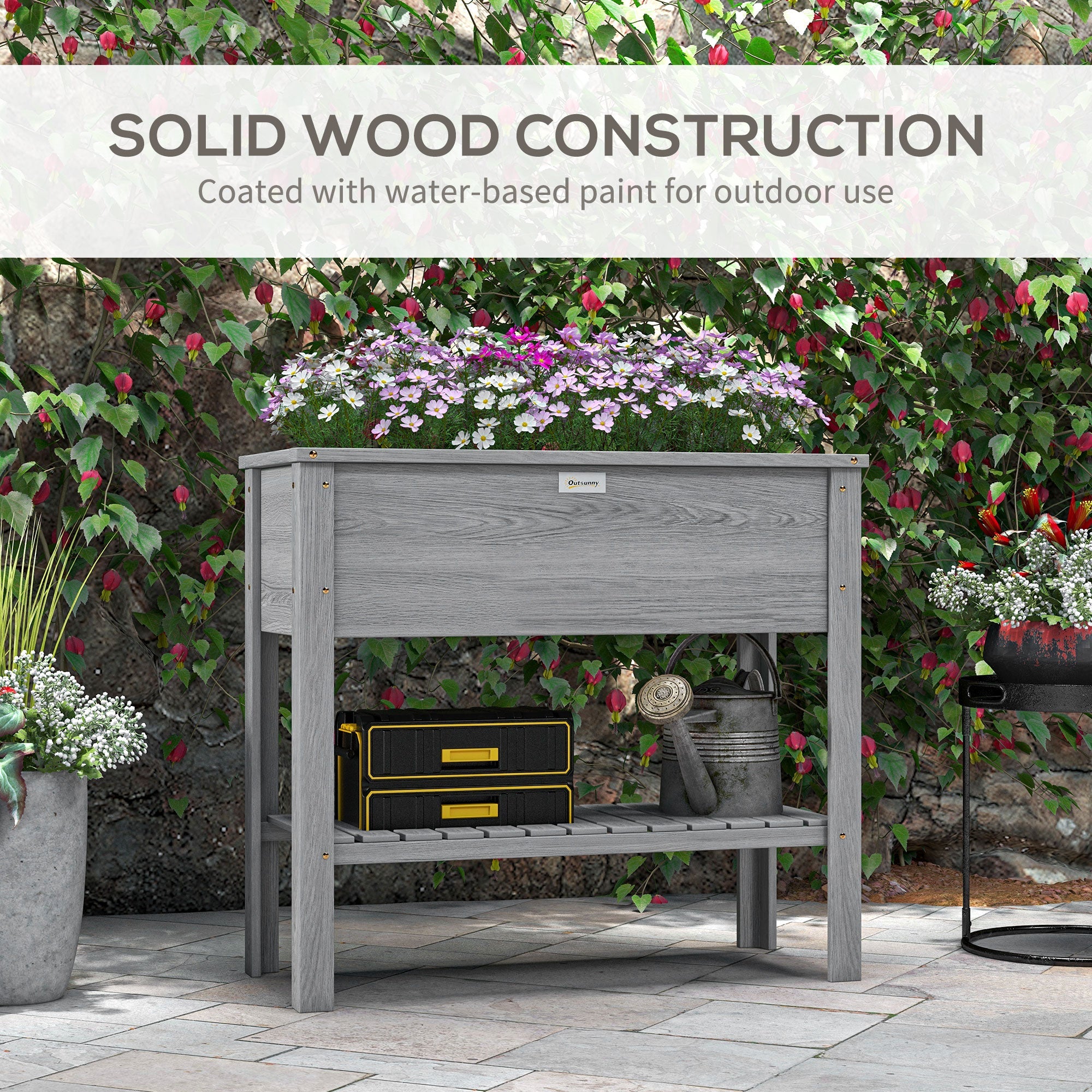 Outsunny Elevated Planter Paradise: Raised Bed Box with Shelf for Flowers, Vegetables, and Planter Box, Drain Holes, 36"x16"x32", Grey