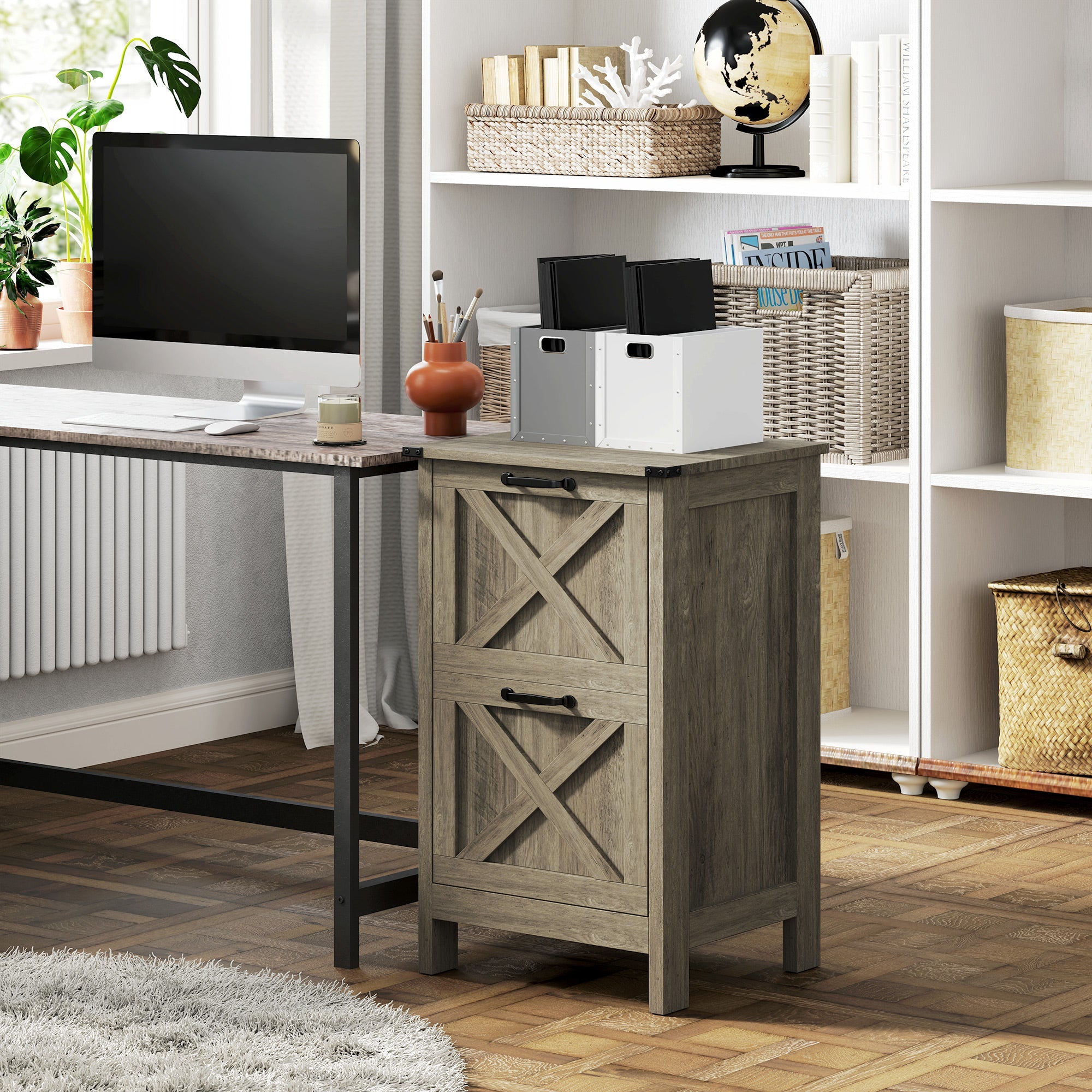 HOMCOM Vertical Filing Cabinet with 2 Drawers, Rustic Farmhouse Office Storage Cabinet for A4, Letter Size, Grey Wash