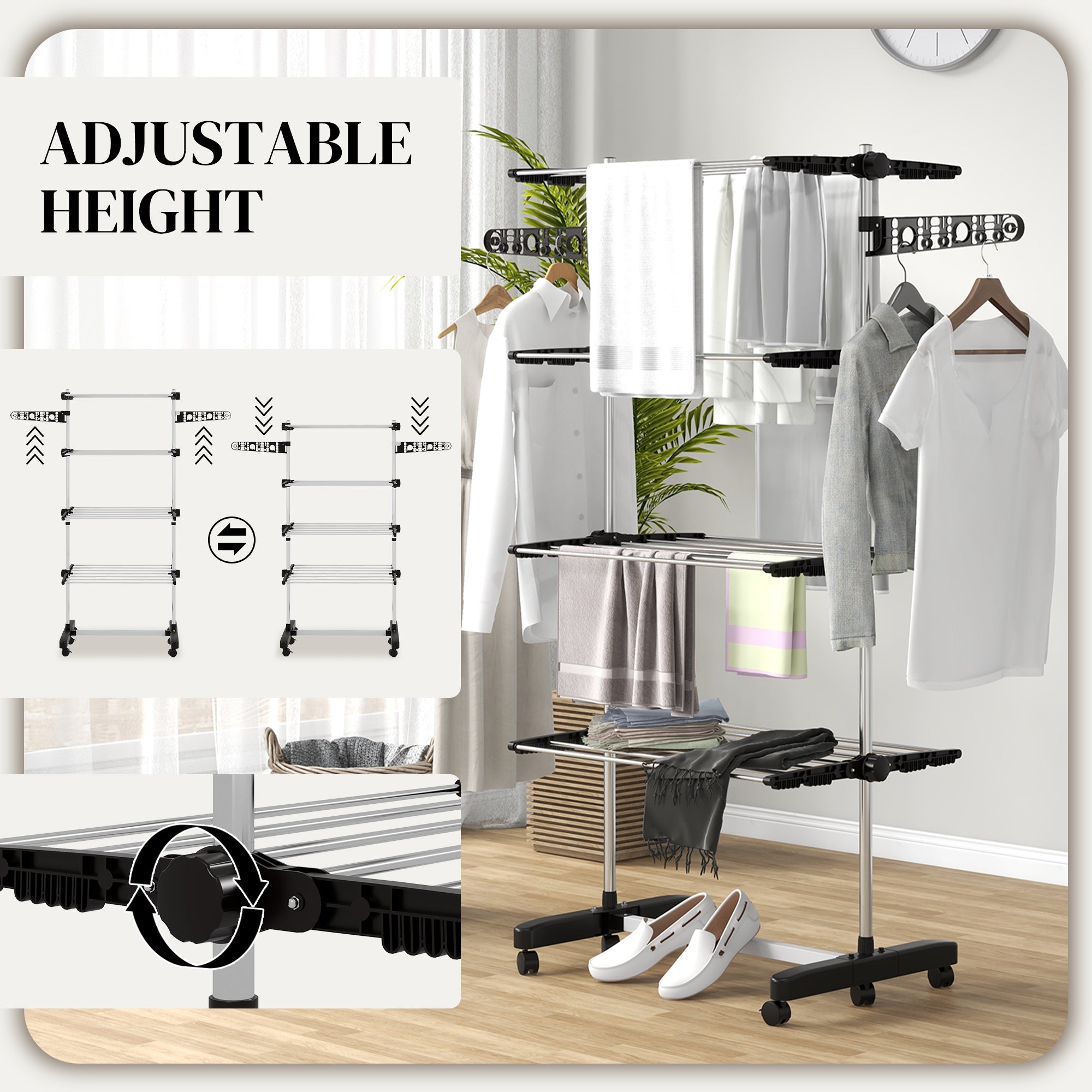 HOMCOM Garment Drying Rack Stainless Steel Folding Clothes Hanging Rack with Side Wings Castors for Indoor Outdoor Black
