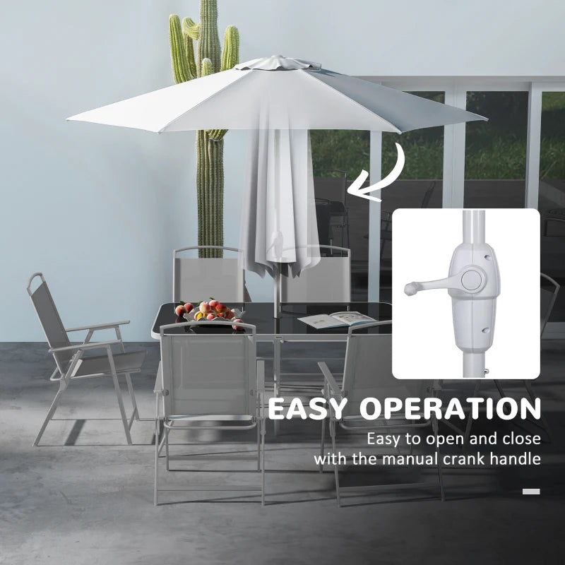 8 Piece Patio Set with Umbrella, 6 Folding Chairs, Rectangle Table, Outdoor Dining Set for 6 with Mesh Seat, Grey