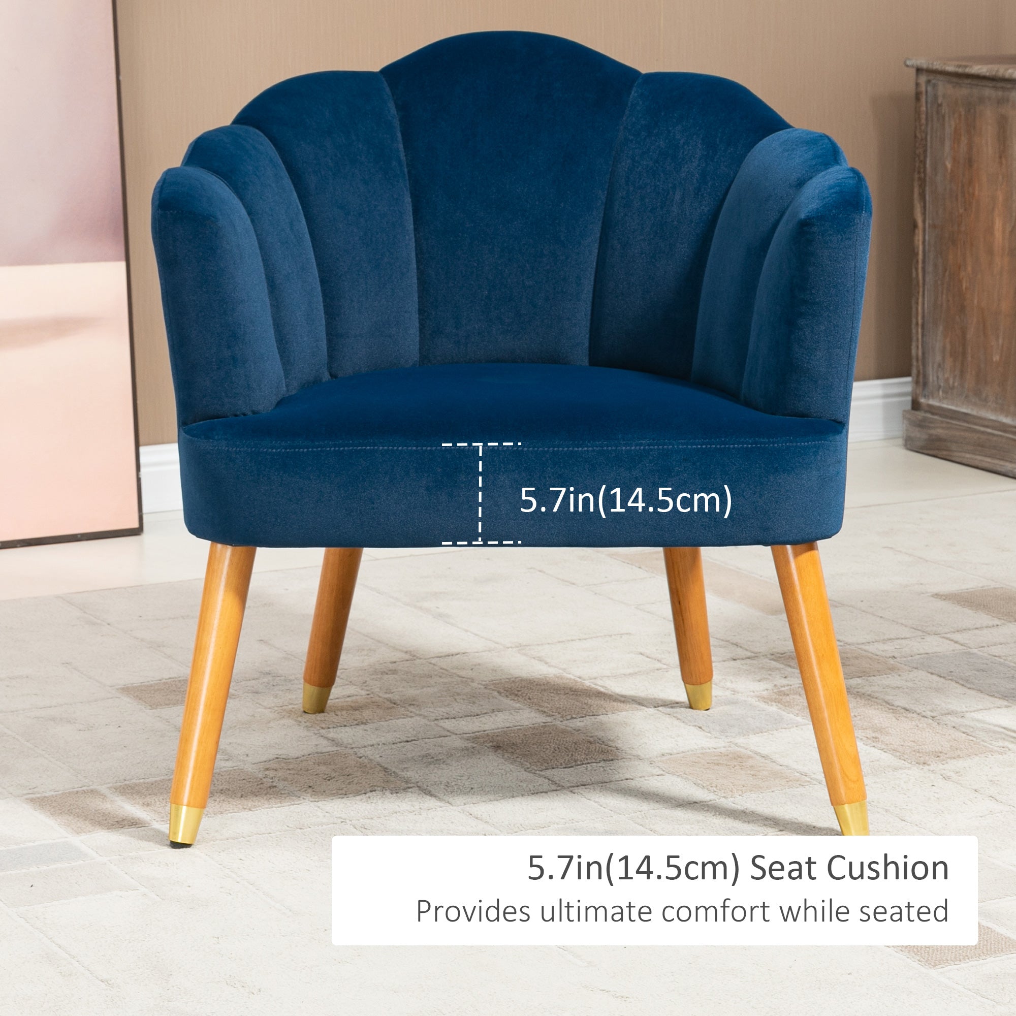 HOMCOM Modern Velvet Armchair: Cushioned Seat, Wood Legs, Bedroom/Living Room, Blue