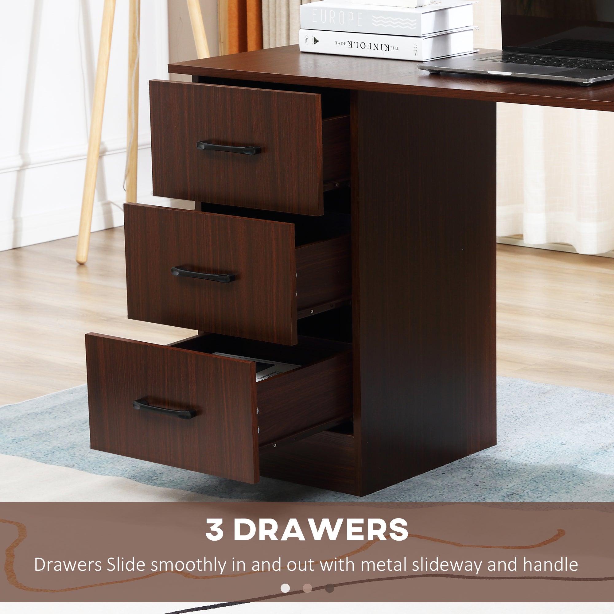 HOMCOM 47" Walnut Home Office Desk with 3-Tier Storage Shelves & Drawers - Elegant Study Writing Table