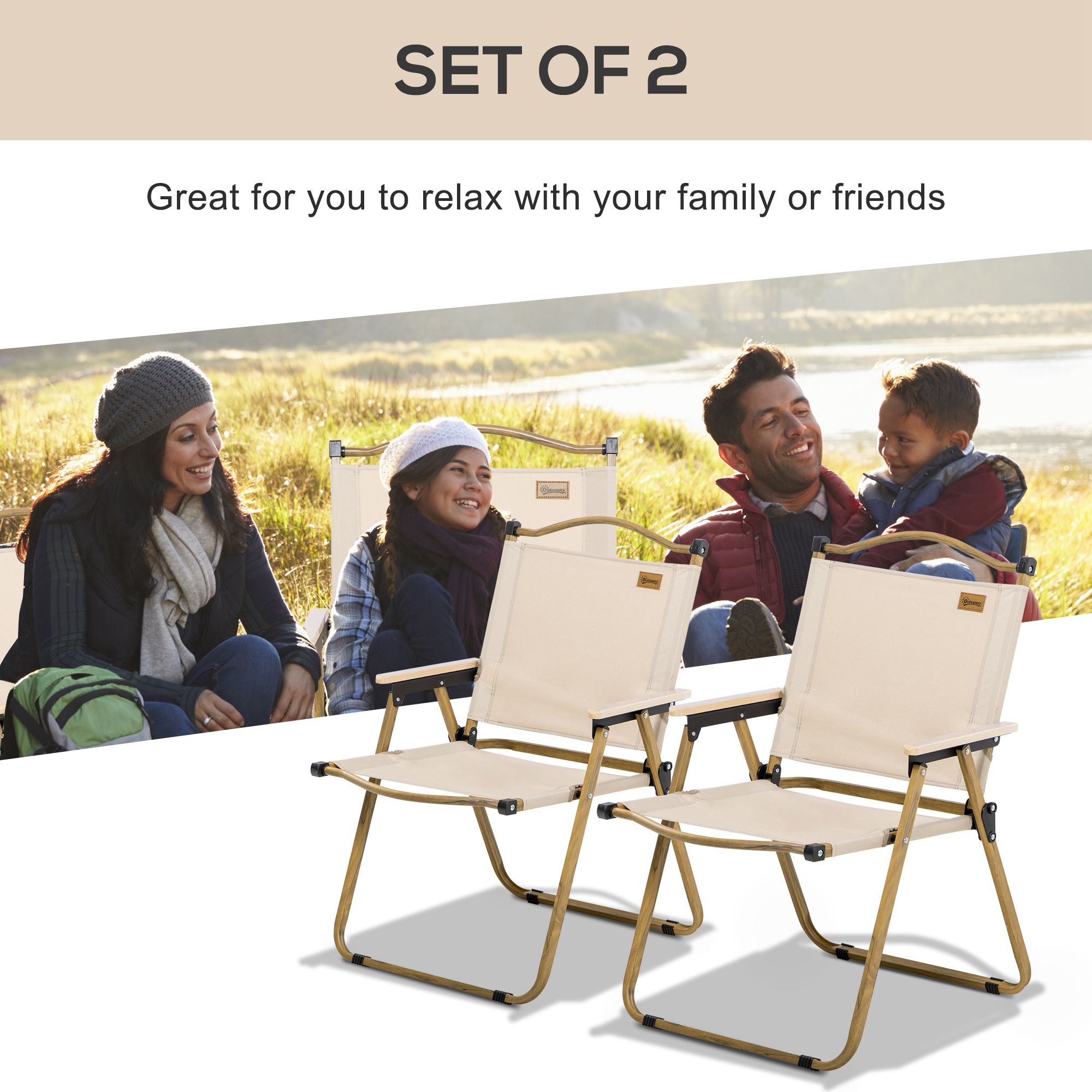 Outsunny Set of 2 Camping Chair, Lightweight Folding Chair, Portable Armchairs, Excellent for Festivals, Fishing, Khaki