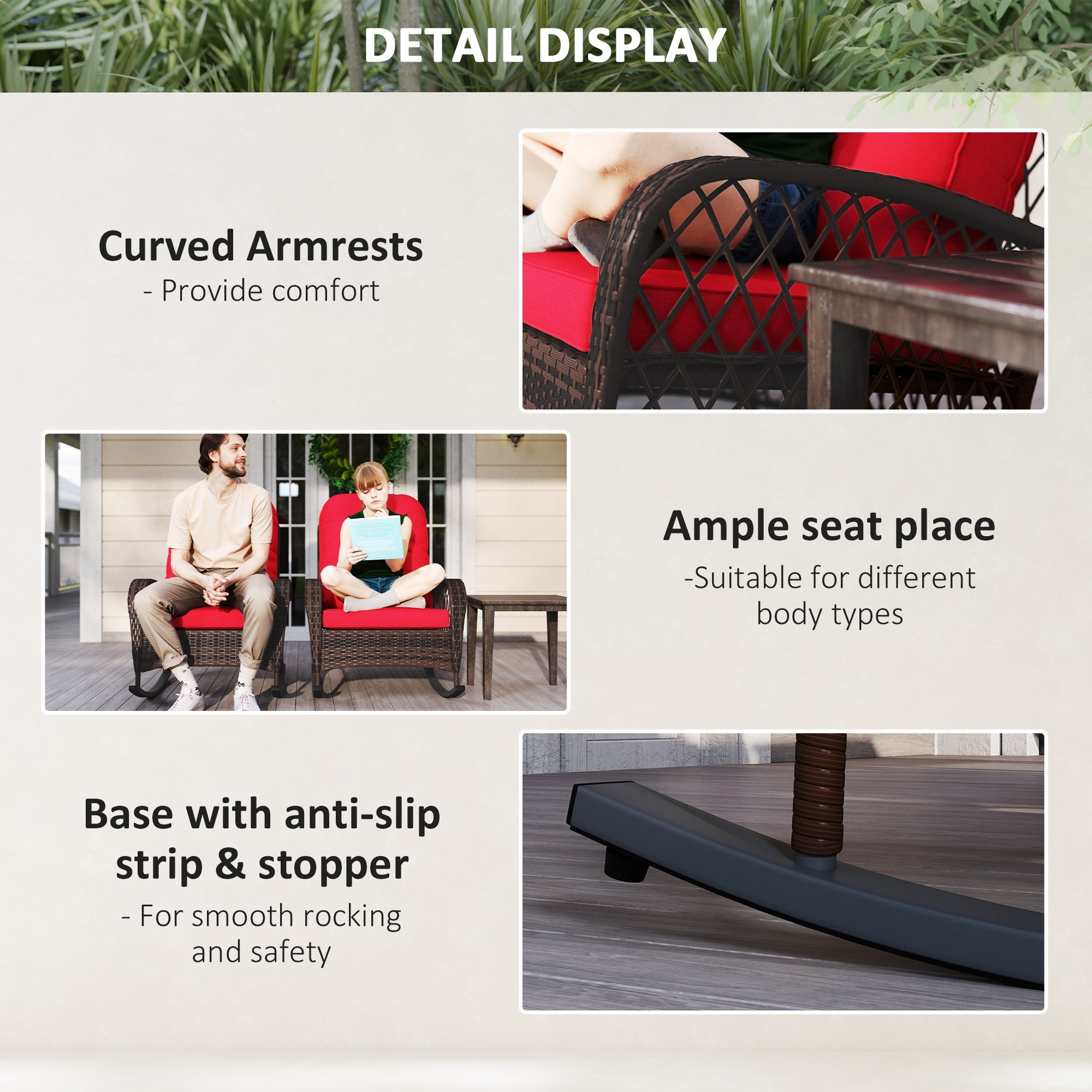 Outsunny Outdoor Wicker Rattan Rocking Chair Set of 2, Patio Rocker with Thick Cushions for Garden Backyard Porch, Red