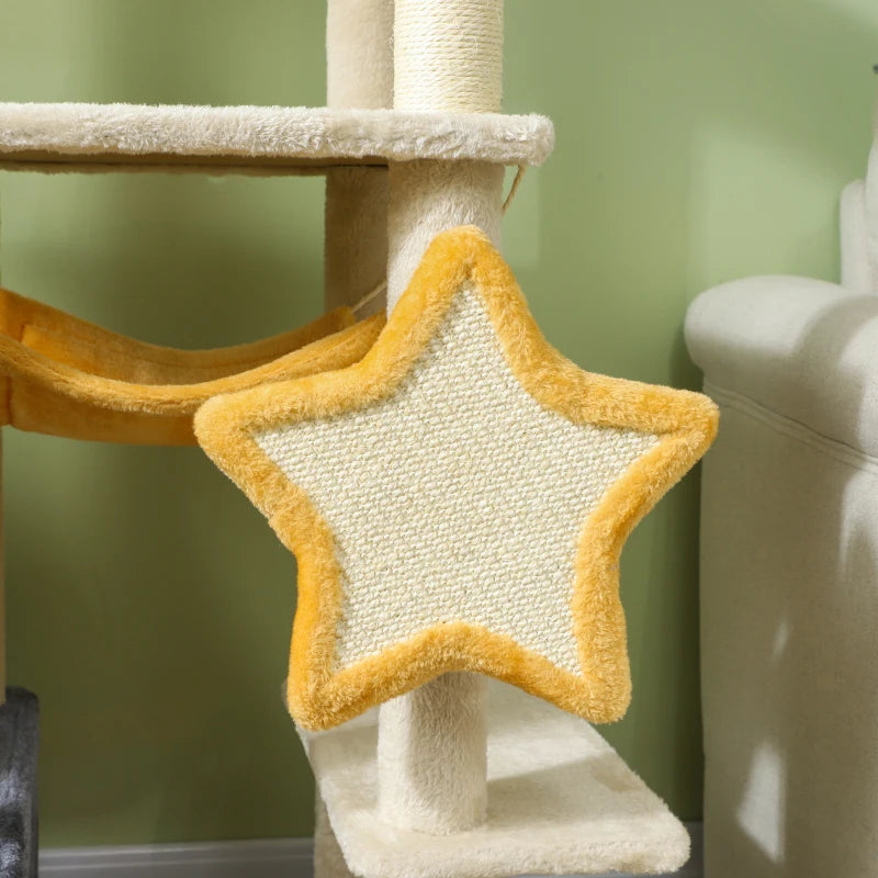 Star and Moon Themed Cat Tree with Cat Scratching Posts, Cat Condo, Bed, Scratching Board, Cat Toys, Beige