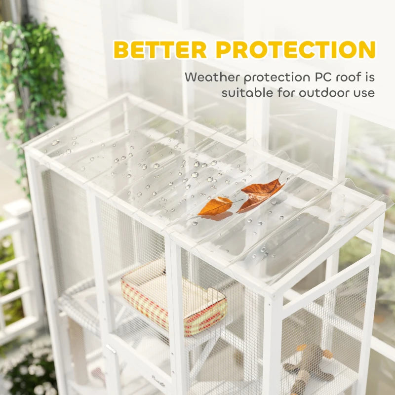 Wooden Catio Outdoor Cat Enclosure with 6 Jumping Platforms, Scratching Post, 2 Ramps, Waterproof Roof, White