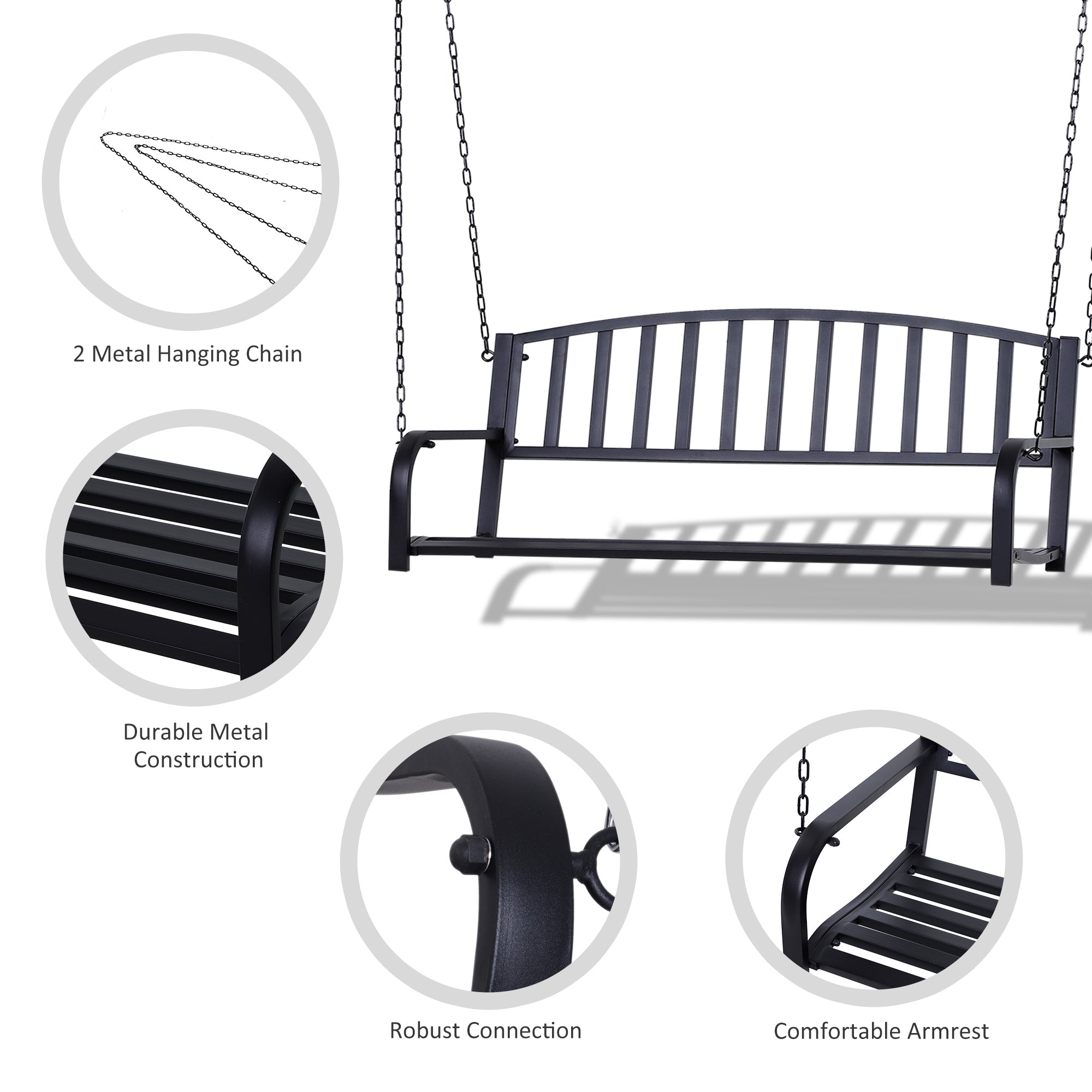 Outsunny 50" Porch Swing Bench Lounger: Outdoor Hanging Glider Chair Steel Frame Black