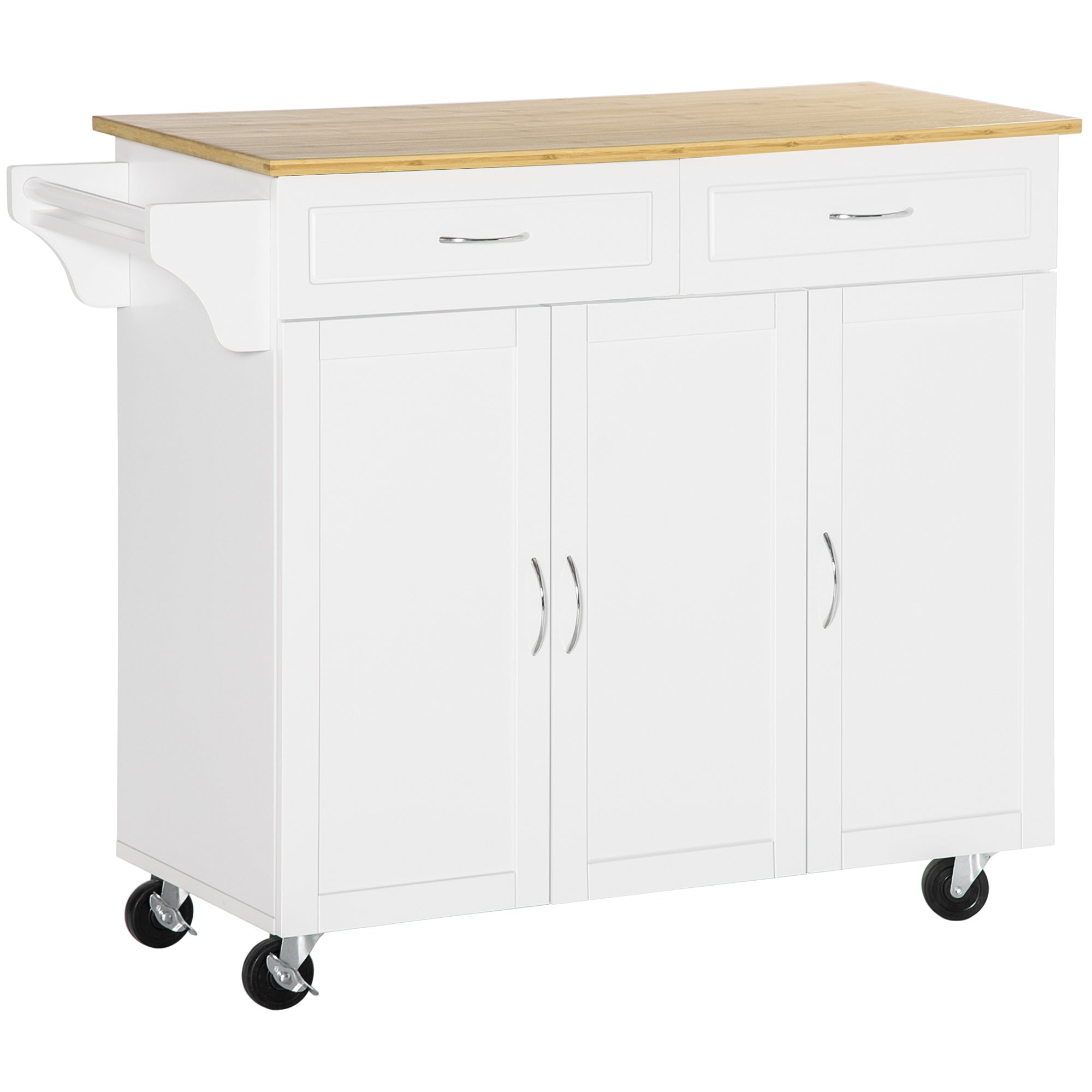 HOMCOM Rolling Kitchen Island: Large Bamboo Top, 2 Cabinets with Drawers & Adjustable Shelves, White