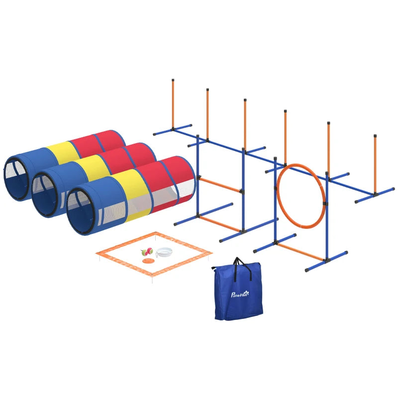 Dog Agility Training Equipment, 11-Piece Dog Obstacle Course with Adjustable Hurdle & Ring, 3 Tunnels, Weave Poles