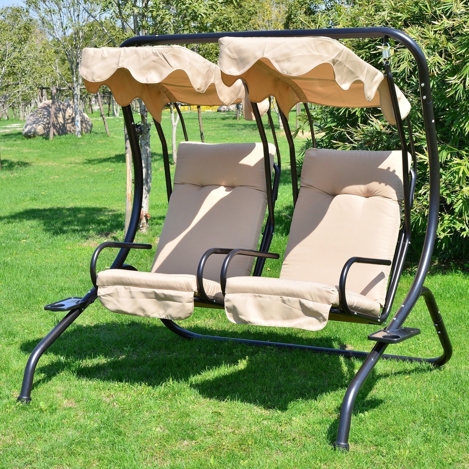 Outsunny Luxury Metal Swing Chair 2 Seater Hammock Heavy-Duty with Canopy Cushions Beige