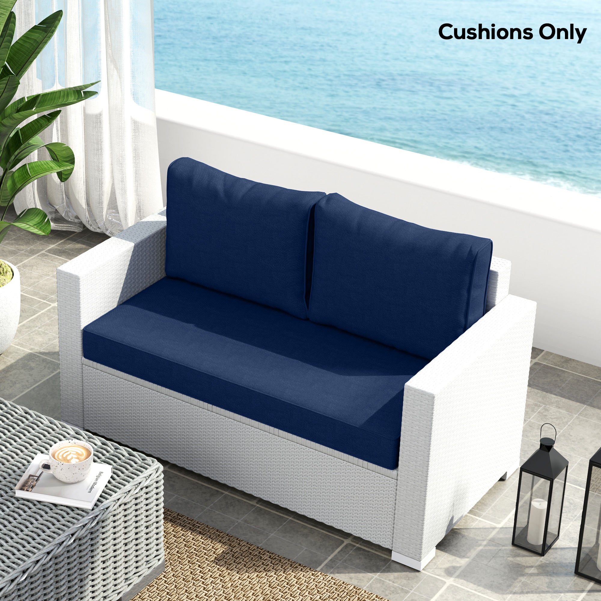 Outsunny 2 Seater Outdoor Seat Cushions with Backrest, Loveseat Double Sofa Outdoor Furniture Cushions, Fade-Resistant Replacement Patio Cushions for Indoor and Outdoor, Navy Blue