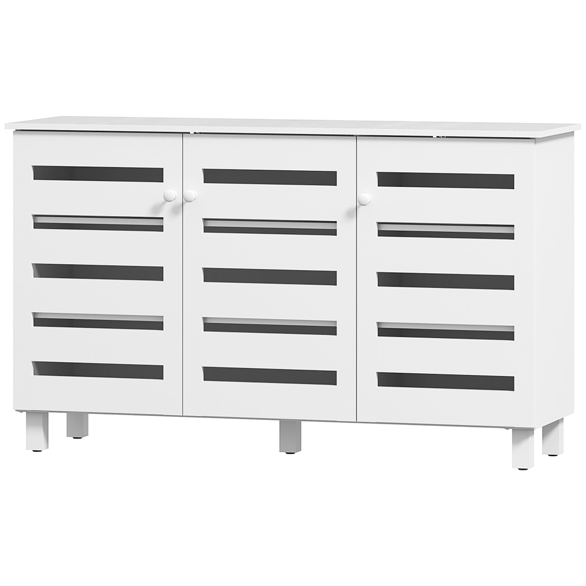 HOMCOM Shoe Cabinet with 3 Slatted Doors, 3-tier Shelving Rack Cabinet with Adjustable Shelves for 15 Pairs of Shoes, White