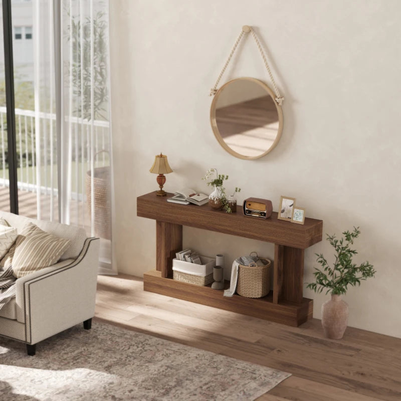 63 Inch Long Console Table, Vintage Narrow Entryway Table with Storage Shelf for Living Room and Hallway, Dark Brown