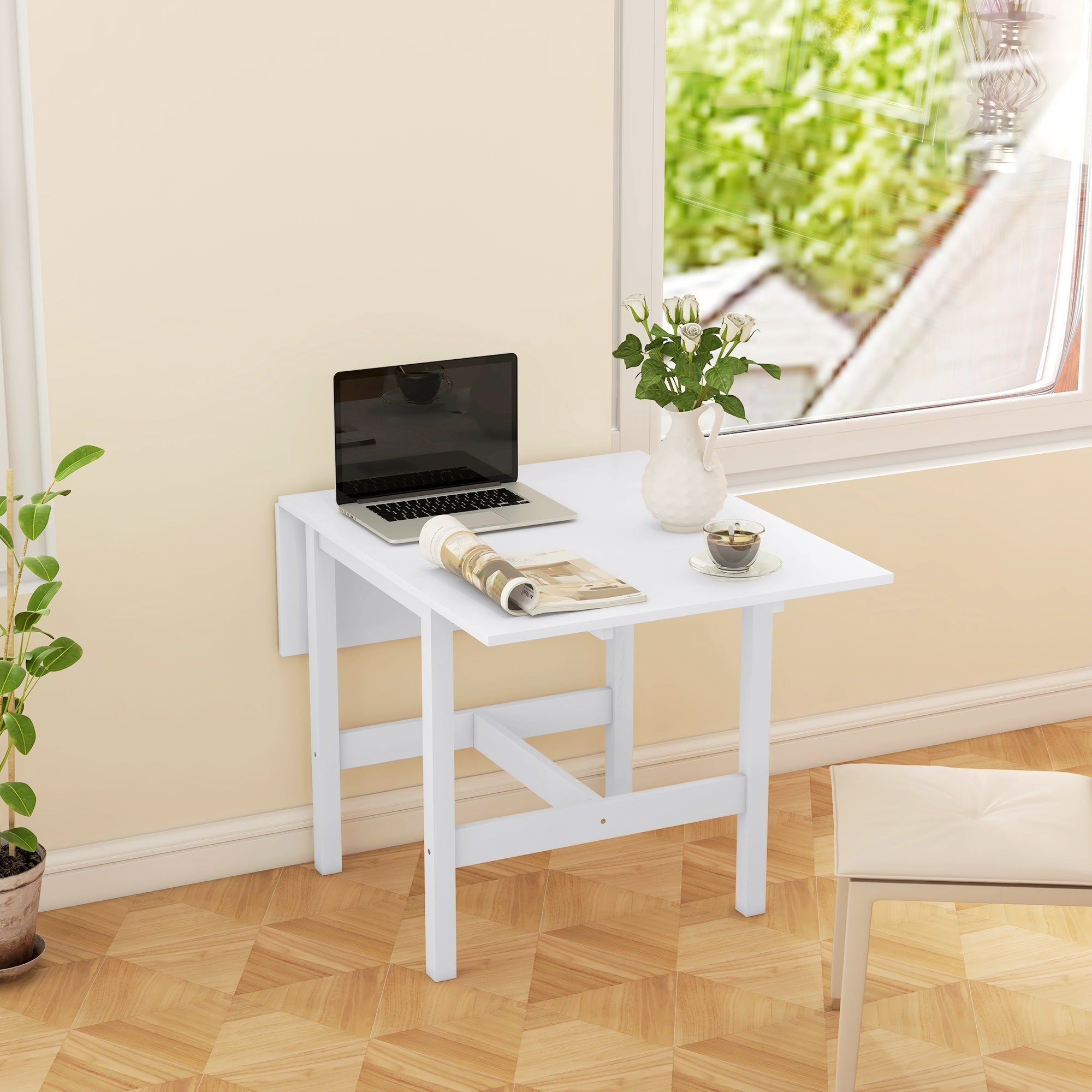 HOMCOM Solid Wood Kitchen Table, Farmhouse Drop Leaf Tables for Small Spaces, Folding Dining Table, White