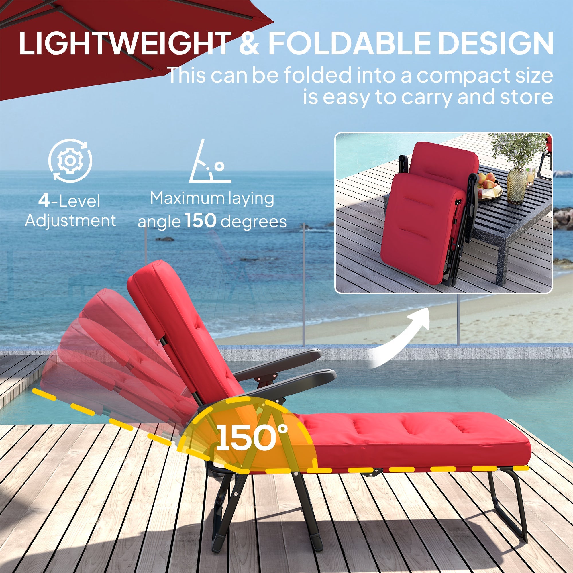 Outsunny Folding Outdoor Lounge Chair with Cushion, Adjustable Backrest, Reclining Patio Garden Chair with Footrest, Wine Red