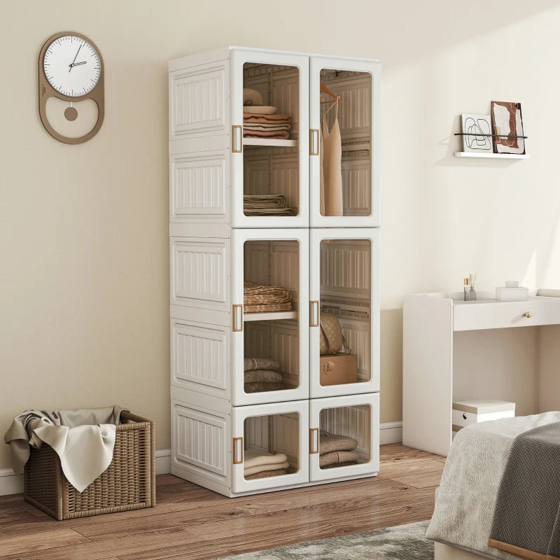 Portable Wardrobe, Foldable Plastic Closet with 6 Compartments, Hanging Rod and Magnetic Doors, White