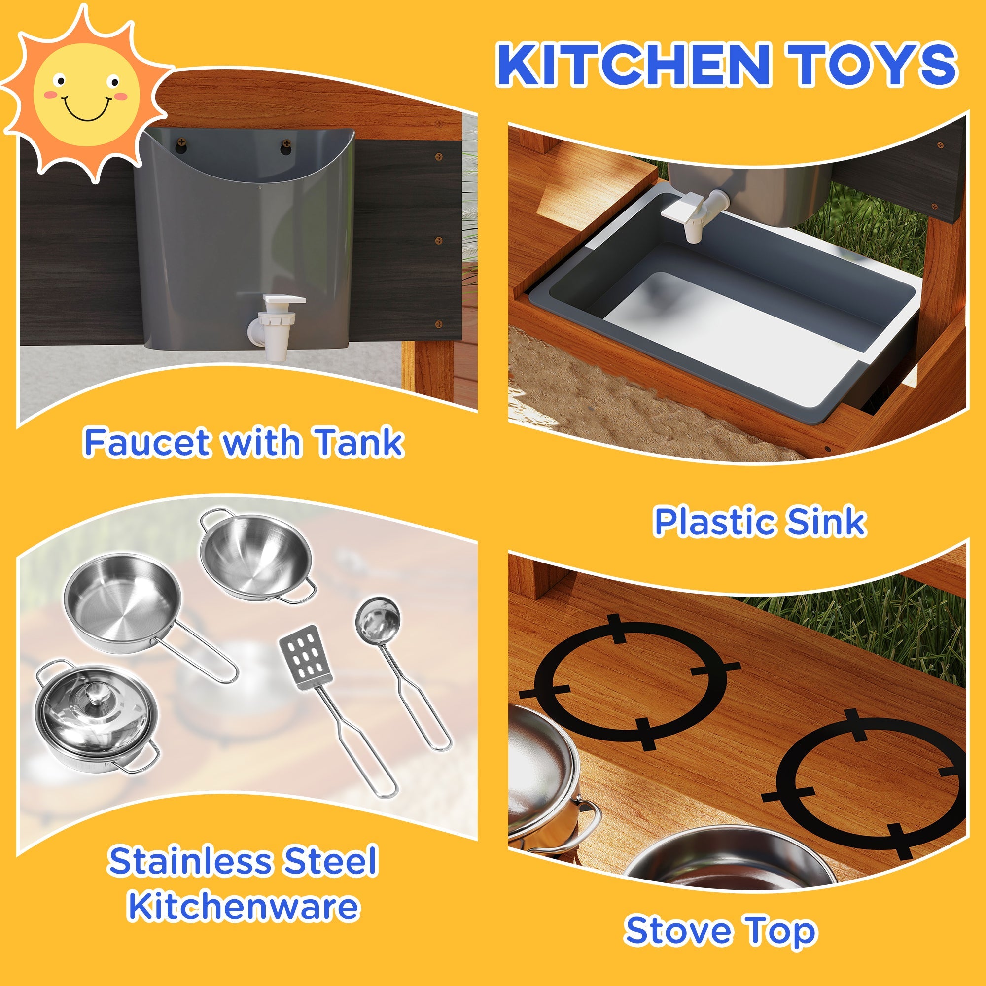 Outsunny Kids Sandbox with Cover Kitchen Playset Toys, Wooden Sand Box with Seat, Storage, for 3-7 Years Old, Red