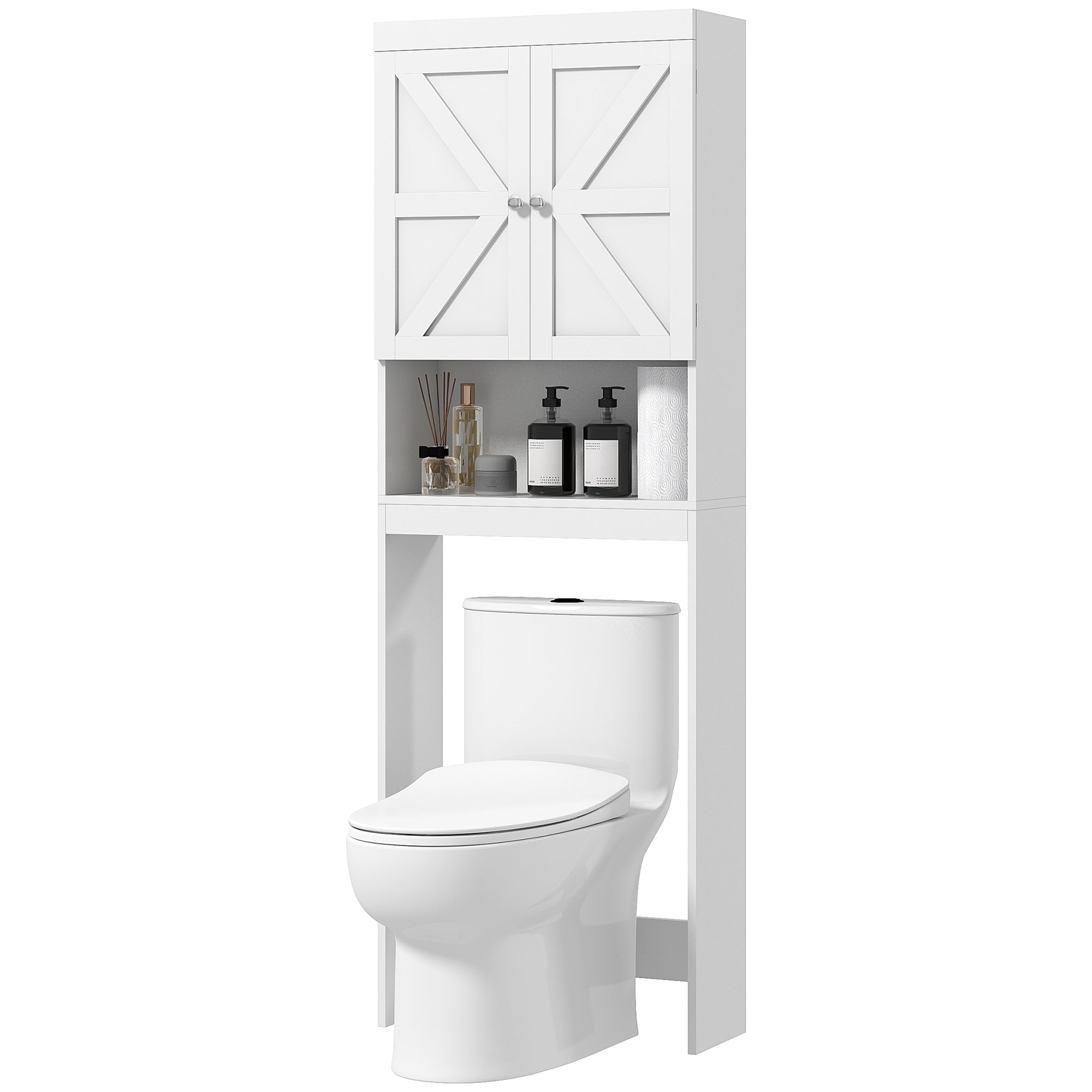 HOMCOM Over The Toilet Bathroom Cabinet Modern Above Toilet Storage Barn Doors Open Shelf White