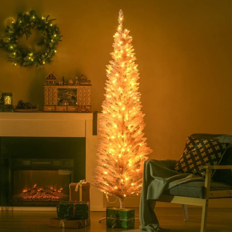 HOMCOM 6ft Pre-Lit Pencil Christmas Tree with Warm White LED Lights – Pink