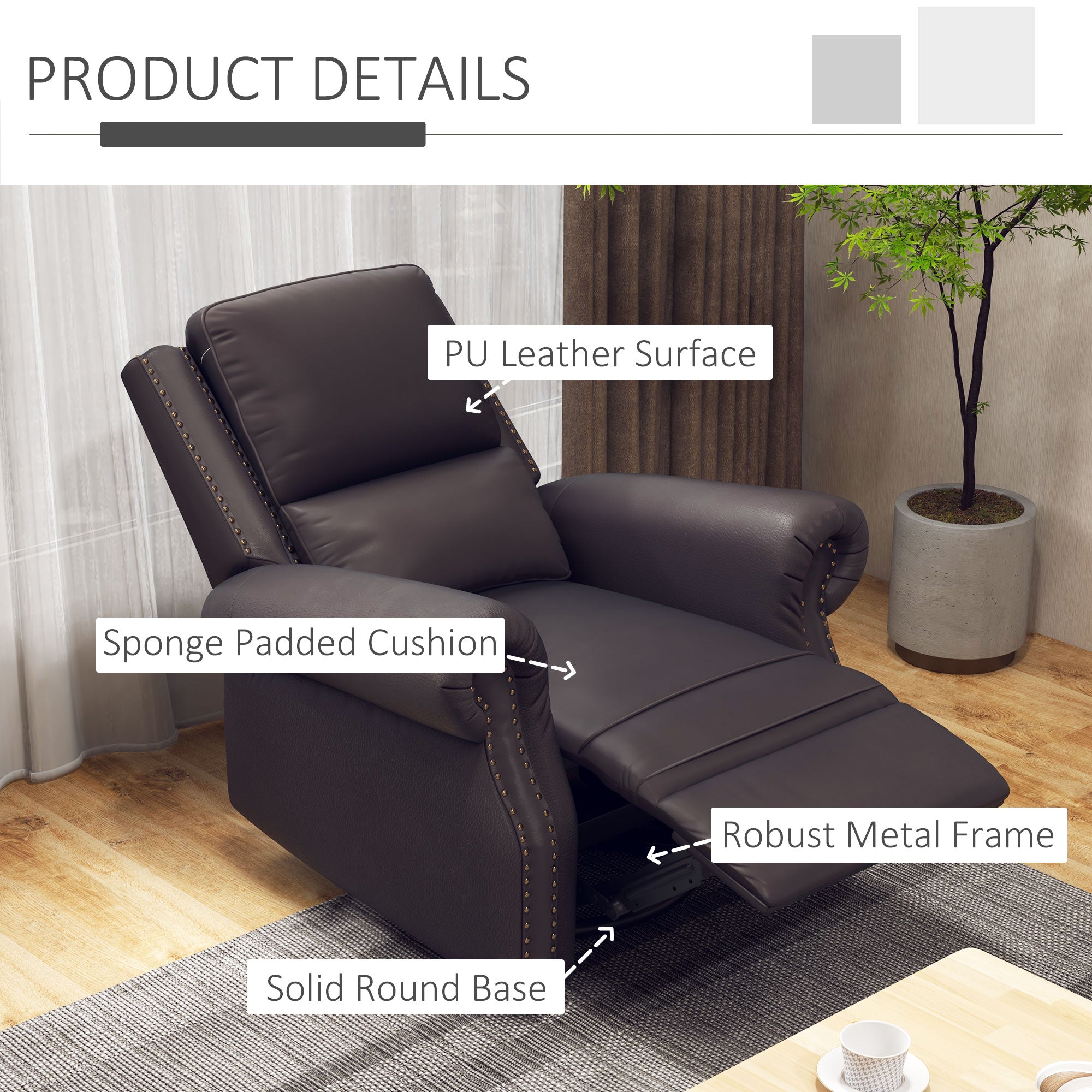HOMCOM Swivel Recliner Chair, Reclining Sofa, PU Leather Rocker with Thick Padded Back and Seat for Living Room, Brown