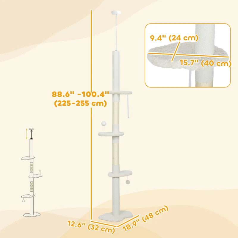 88.5"-100.5" Floor to Ceiling Cat Tree, Cat Tower with Scratching Posts, Cloud Shaped Platforms, Dangling Balls, Cream