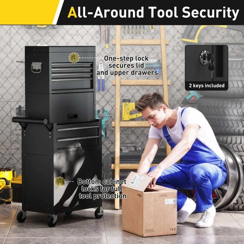 Large Tool Cabinet, 3-in-1 Rolling Tool Chest, Detachable Tool Storage Organizer with 6 Drawers and Pegboard, Black