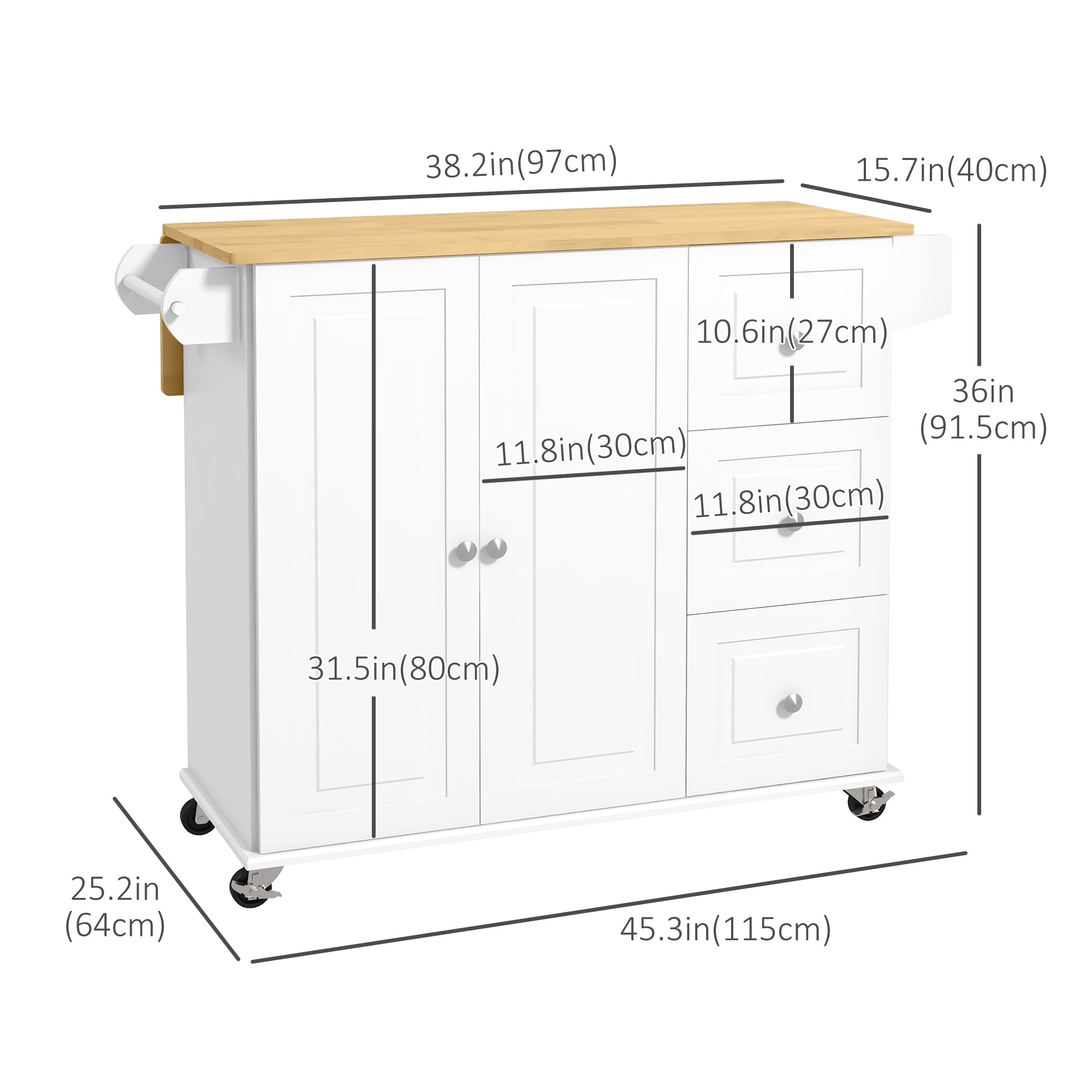 HOMCOM Rolling Kitchen Sidekick: White Island Cart with Drop Leaf, 3 Drawers, Spice Rack, Towel Rack, Natural Wood Top