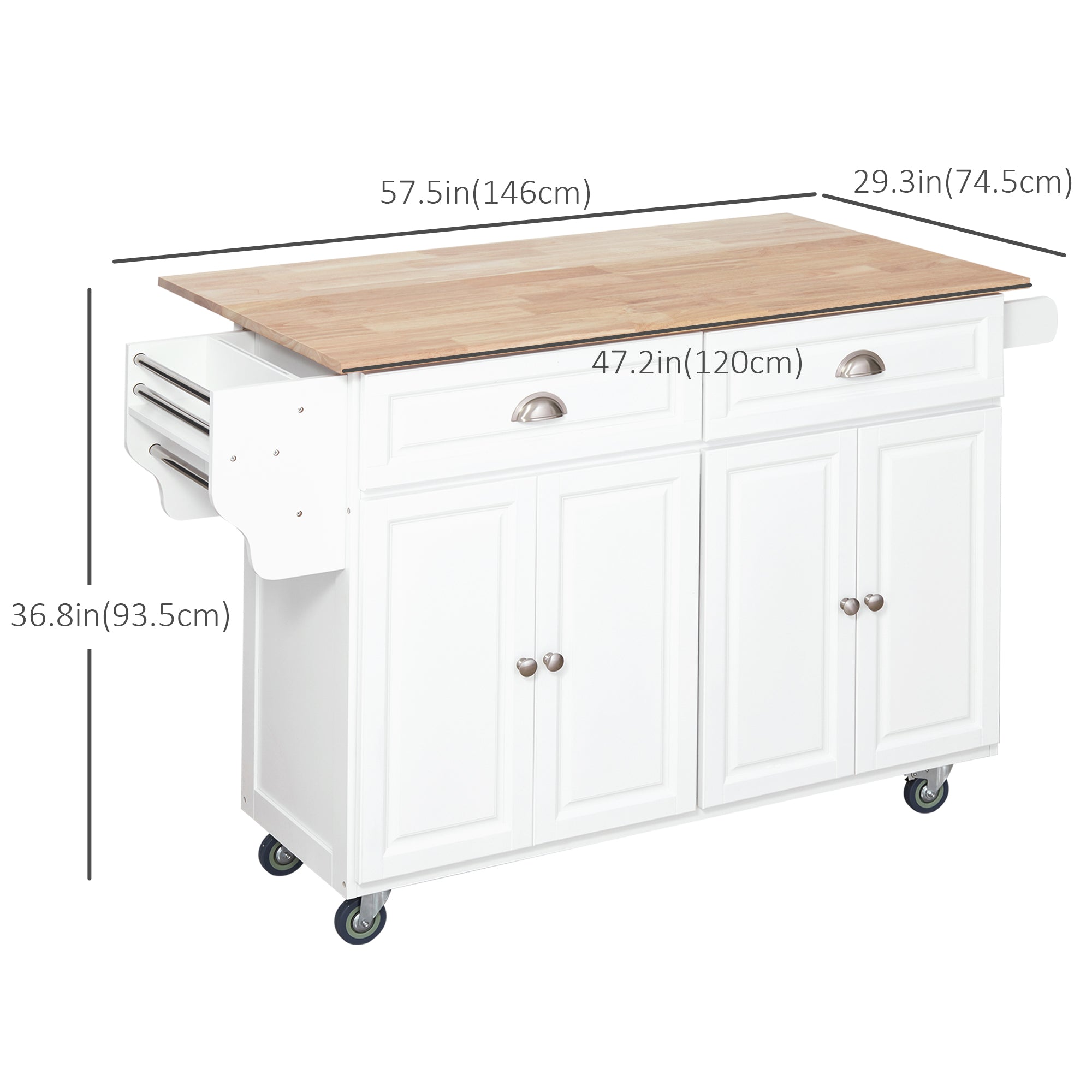 HOMCOM Rolling Kitchen Island on Wheels Utility Cart with Drop-Leaf and Rubber Wood Countertop, Storage Drawers, Door Cabinets, White