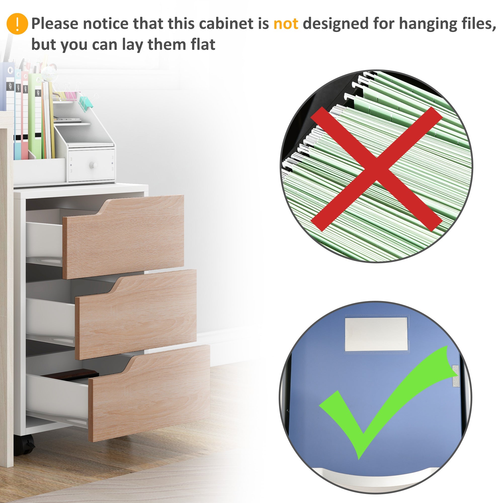 HOMCOM Mobile File Cabinet 3 Drawers Vertical Filing Organizer Wheels Office Storage Oak Furniture