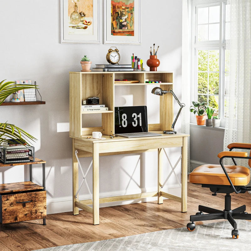 Computer Desk with Hutch, Home Office Table with Storage Shelves and Open Compartments for Writing, Work, Oak