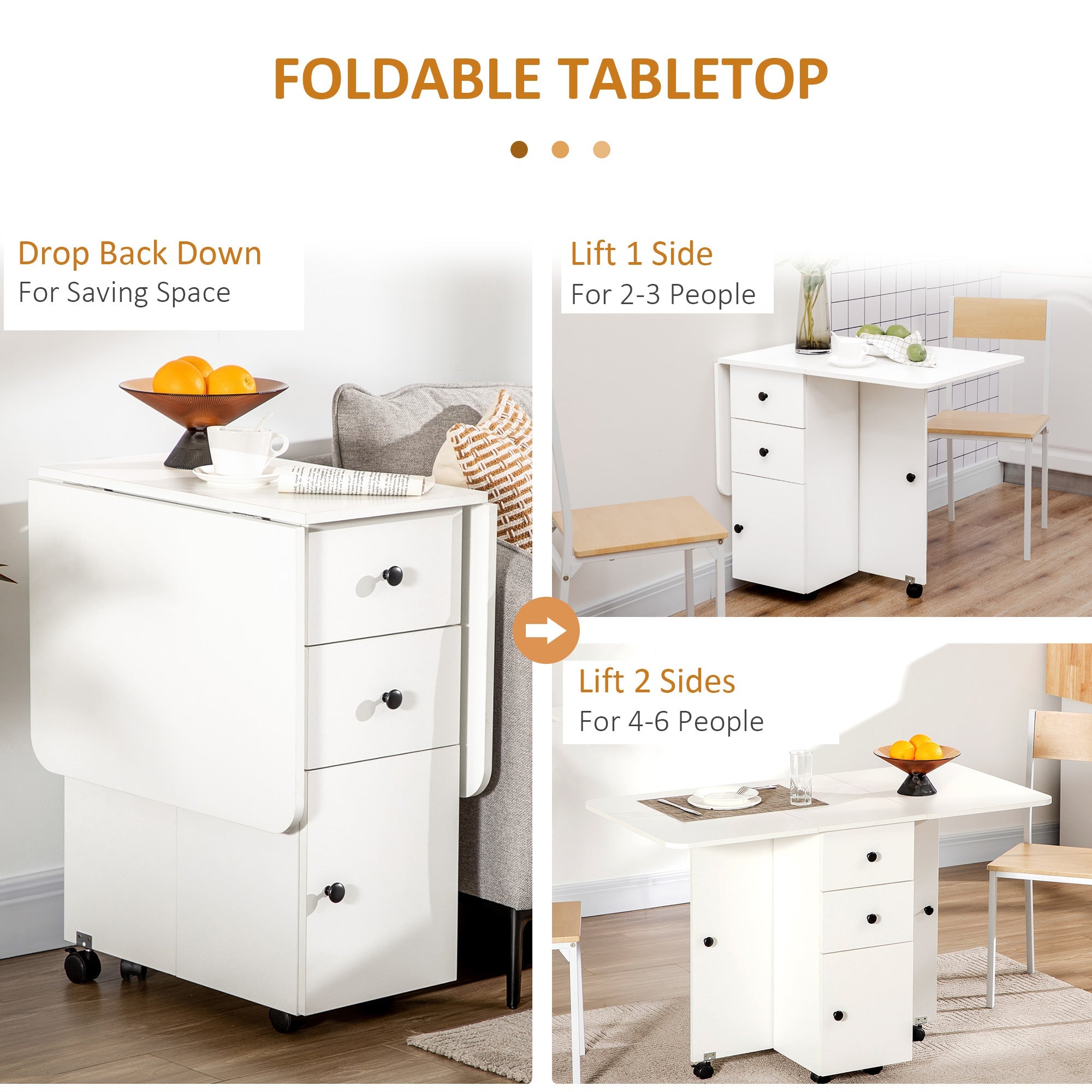 HOMCOM Rolling Kitchen Table Foldable Dining with Storage Drawers Cabinet Drop Leaf Wheels White