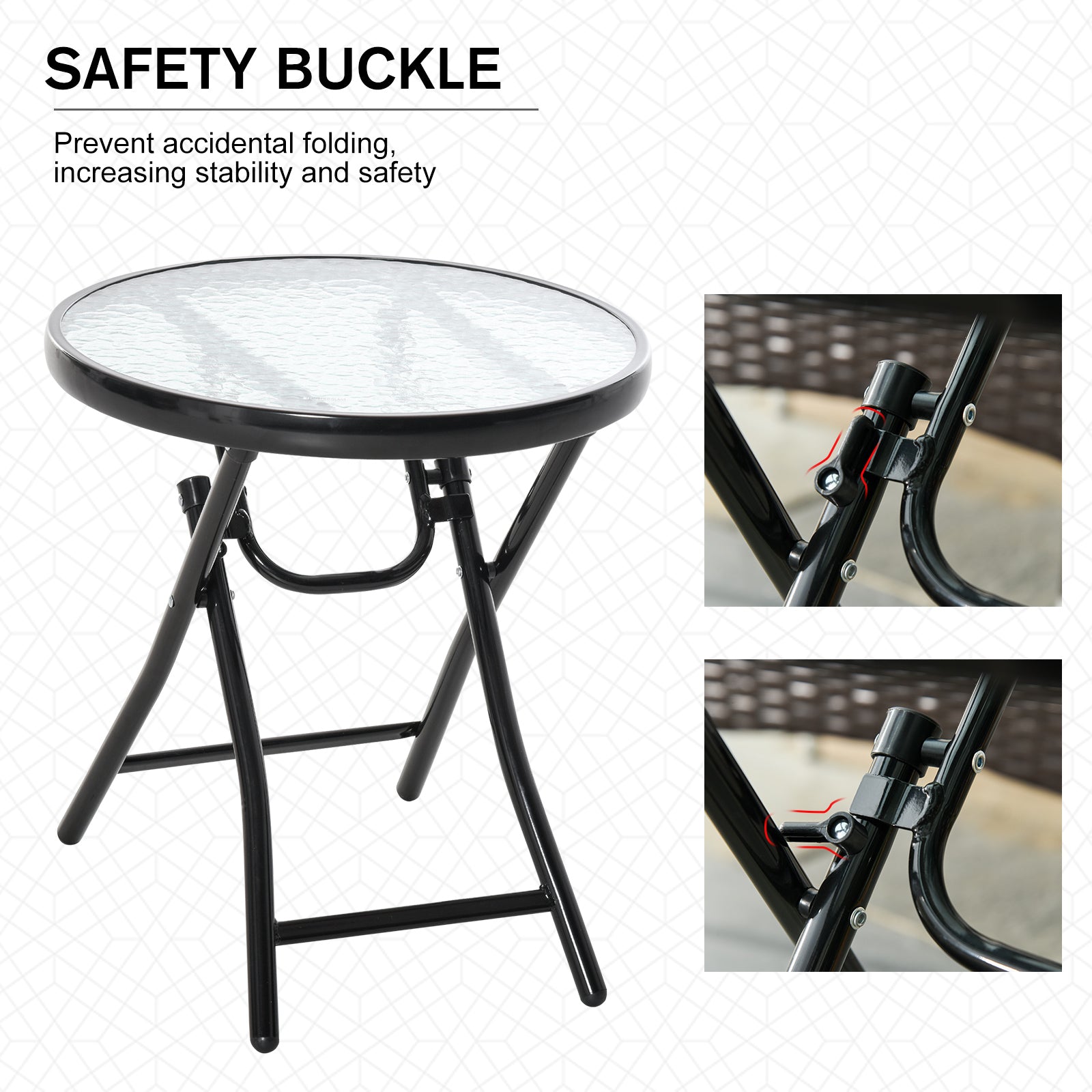 Outsunny Compact Foldable Garden Table Φ17.75" Round Dining Safety Buckle Glass Top Metal Edge Outdoor Furniture