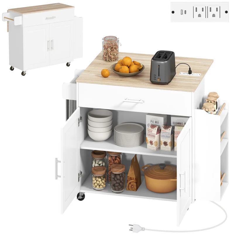 Kitchen Island with Storage, Rolling Kitchen Cart with Foldable Drop Leaf, Power Outlet and USB Ports, White