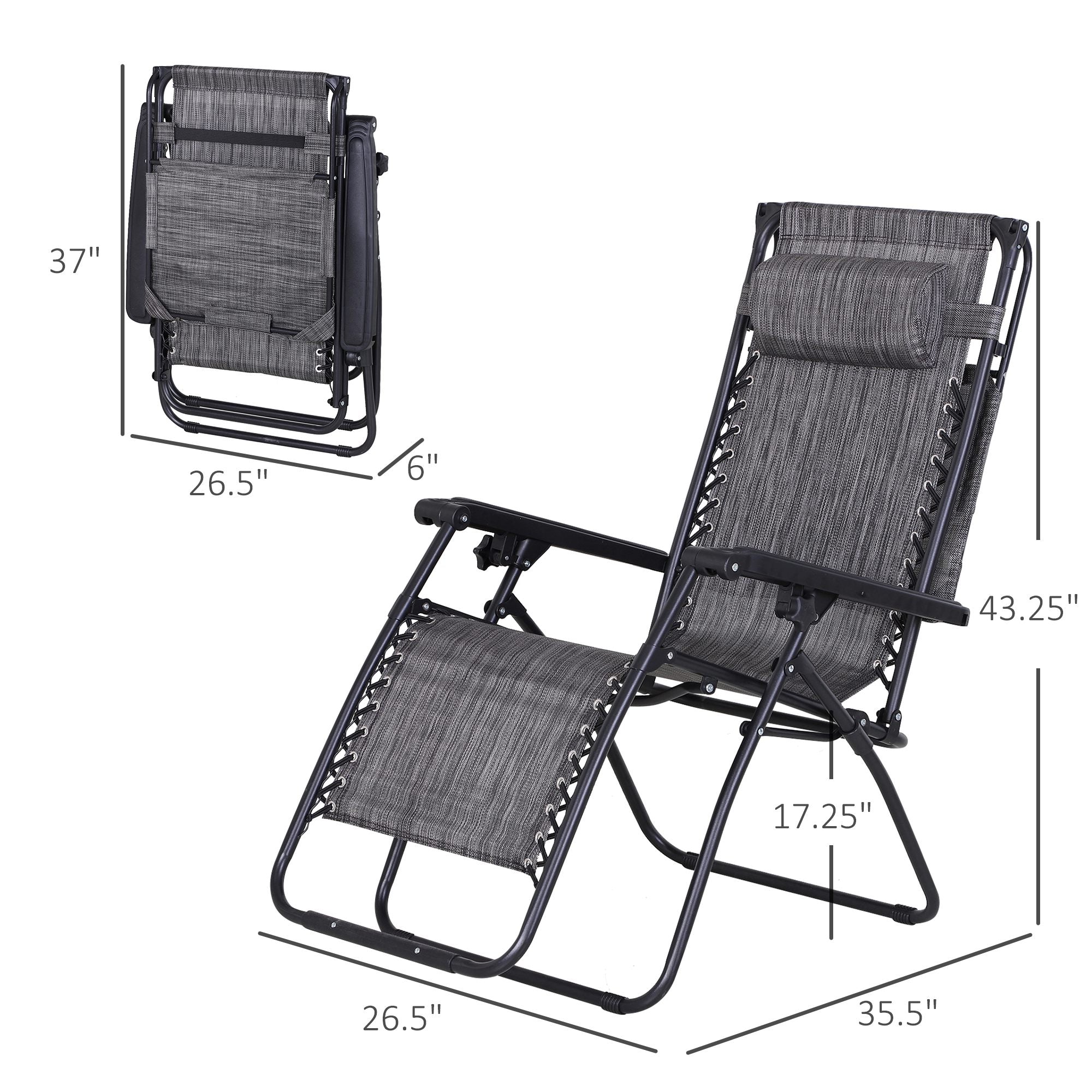 Outsunny 2-Piece Zero Gravity Chair, Adjustable Patio Lounge Chair Reclining Seat W/ Cup Holder & Canopy Shade Dark, Grey
