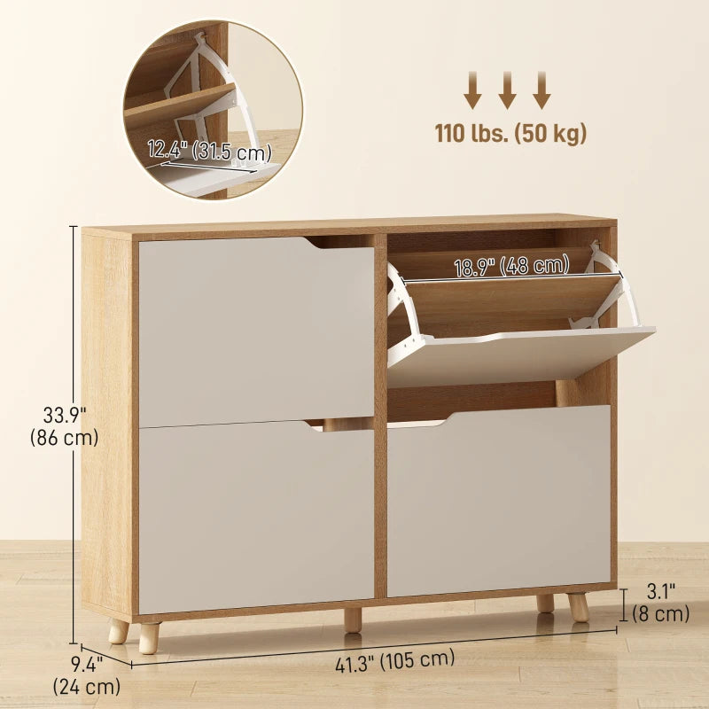 Narrow Shoe Cabinet, Shoe Storage Cabinet with 4 Flip Drawers and Adjustable Shelves for 16 Pairs of Shoes, Natural
