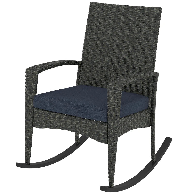 Outdoor Rocking Chair, Patio Wicker Chair Removable Cushion, High Back and Armrests for Porch Balcony, Navy Blue