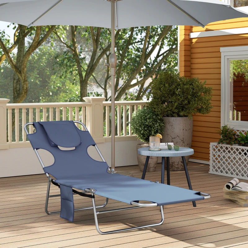 Folding Outdoor Lounge Chair, 5-Level Tanning Chair with Face Hole, Side Pocket, Carry Strap for Beach Pool, Grey