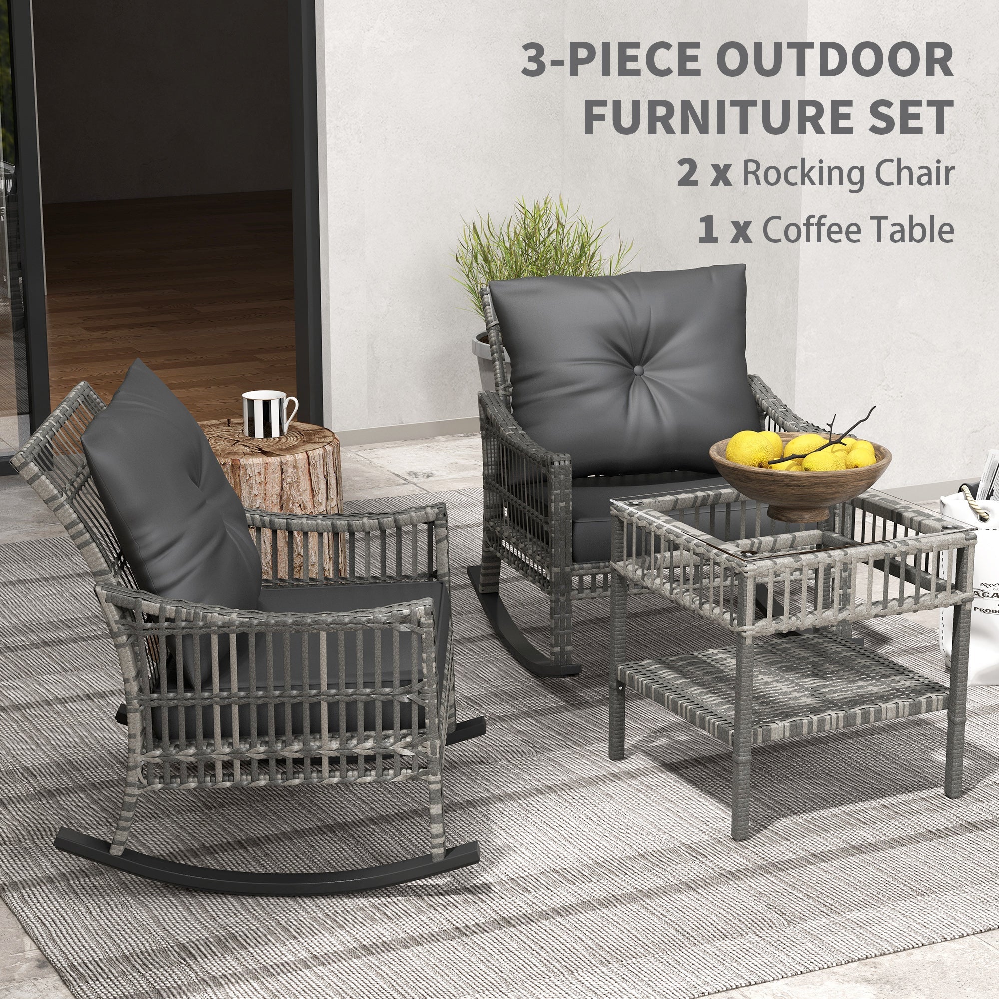 Outsunny Rocker Chair Set 3PC Outdoor PE Rattan Rocking Chair with Tempered Glass Table Top Mixed Grey