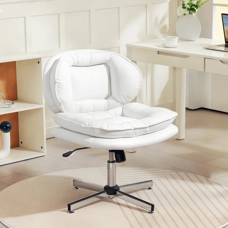 Criss Cross Chair, Armless Wide Office Chair with Leathaire Upholstery, Tilting, No Wheels, White