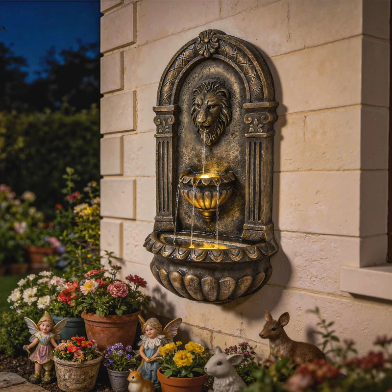 Wall-Mounted 3-Tier Outdoor Fountain, Resin Cascading Waterfall with LED Lights and Adjustable Flow, Rustic Brown