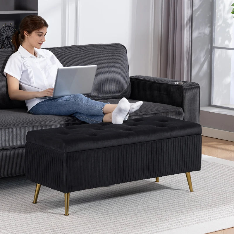 Storage Ottoman Bench, 43 Inch Large Storage Chest with Steel Legs and Padded Seat, Foot Rest, Load 485 lbs, Black