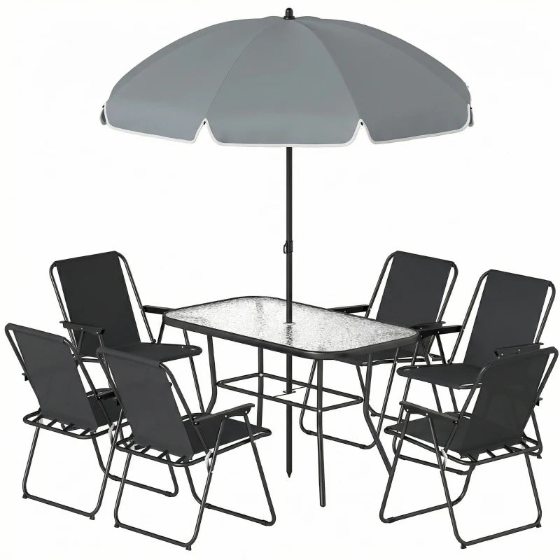 8 Piece Patio Table and Chairs Set with Folding Chairs, Tempered Glass Tabletop and Umbrella for Garden, Black