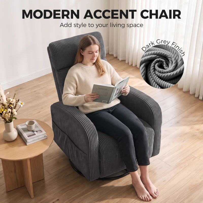 360° Swivel Accent Chair, Modern Armchair with Thick Cushion & Corduroy Upholstery – Dark Grey