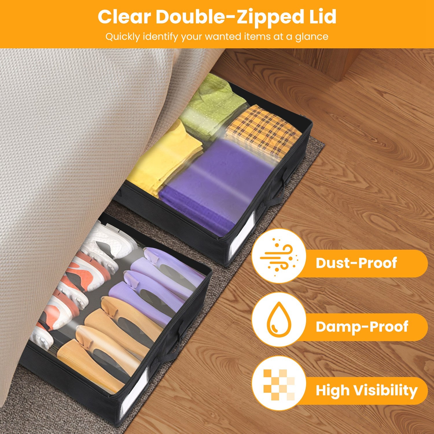 2Pcs Under Bed Storage Container With Lockable Wheels Dividers Label Dustproof Clear Lid Strap Handles Rolling Under Bed Metal Drawer for Clothes Shoe