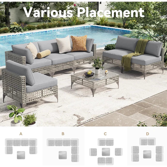 AECOJOY 7-Piece Boho Patio Sectional Set (Grey & Light Grey)