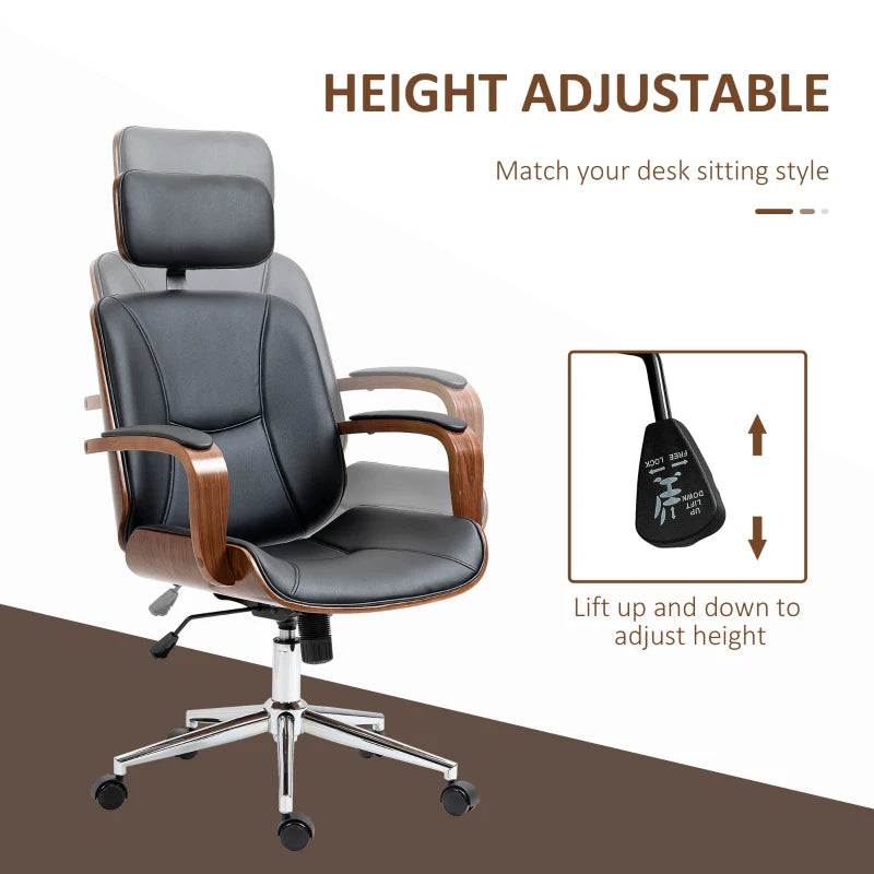 Office Chair, PU Leather Desk Chair with Removable Headrest, Adjustable Height, Tilt Function and with Wheels, Black
