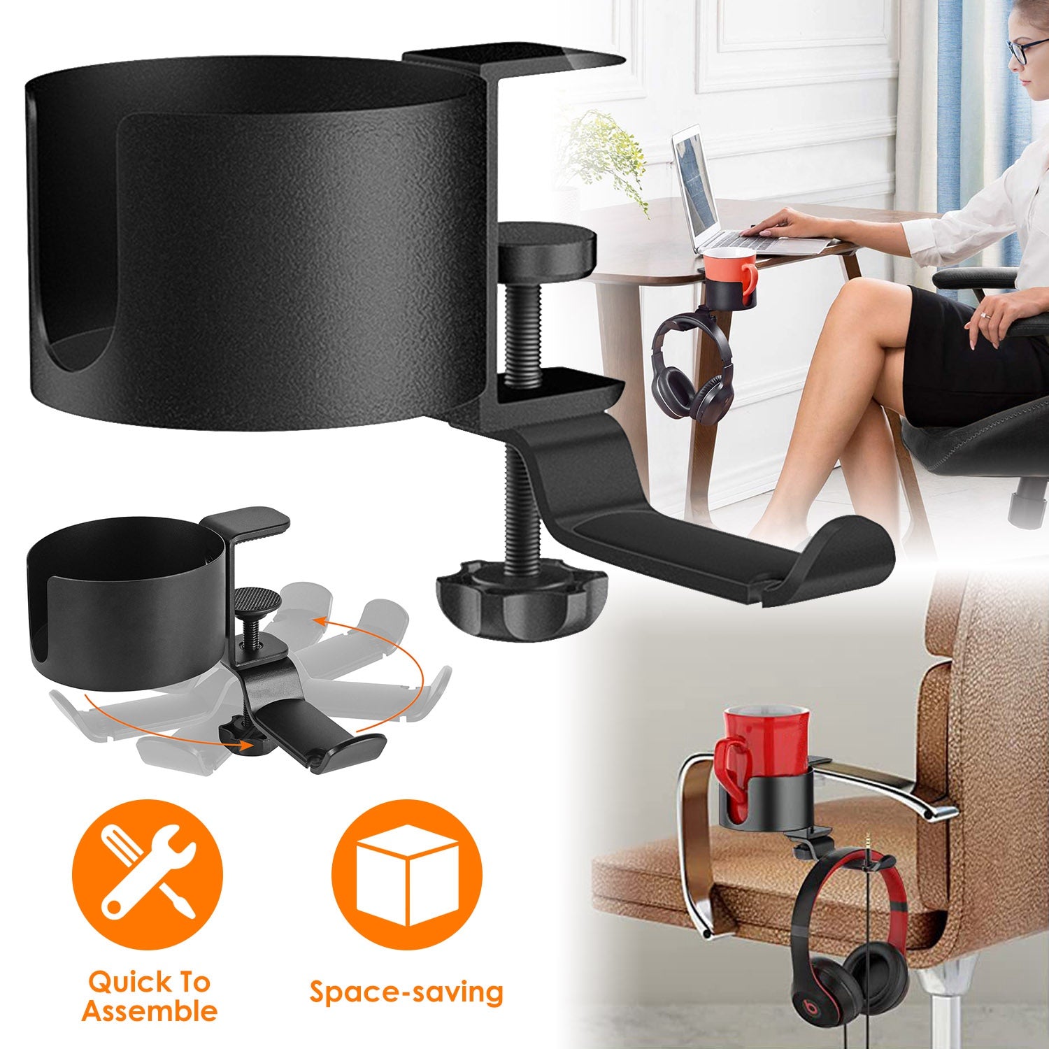 Desk Cup Holder 2-In-1 Anti-spill Cup Holder with 360° Rotating Headphone Hanger Desk Space Saver for Office Home