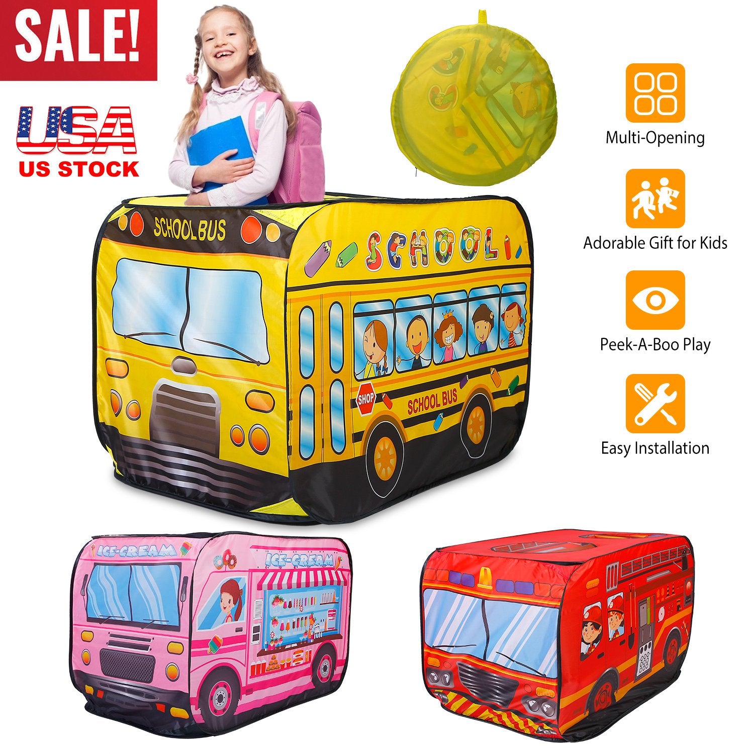 Kids Play Tent Foldable Pop Up School Bus Tent Portable Children Baby Play House W/ Carry Bag For Indoor Outdoor Use