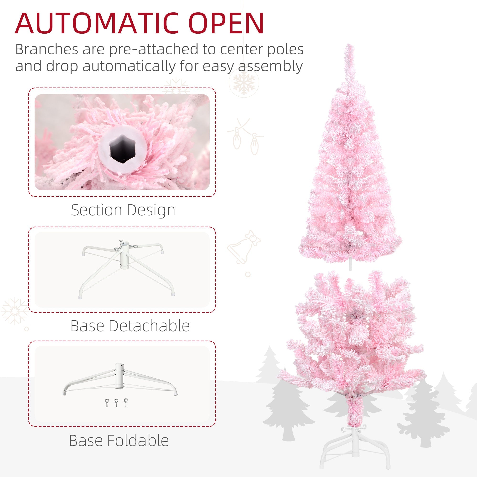 HOMCOM 4 ft Flocked Pencil Christmas Tree, Artificial Christmas Tree with Realistic Branches, Auto Open and Steel Base, Pink