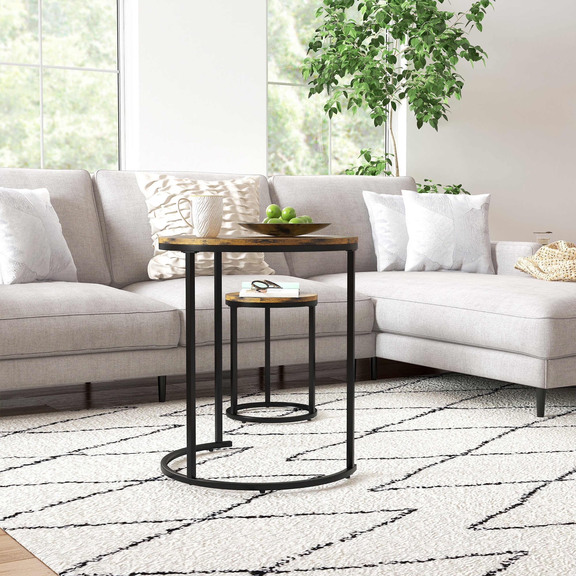 HOMCOM Nesting Coffee Tables Set of 3, Stacking Round Side Tables with Steel Frame for Living Room, Rustic Brown